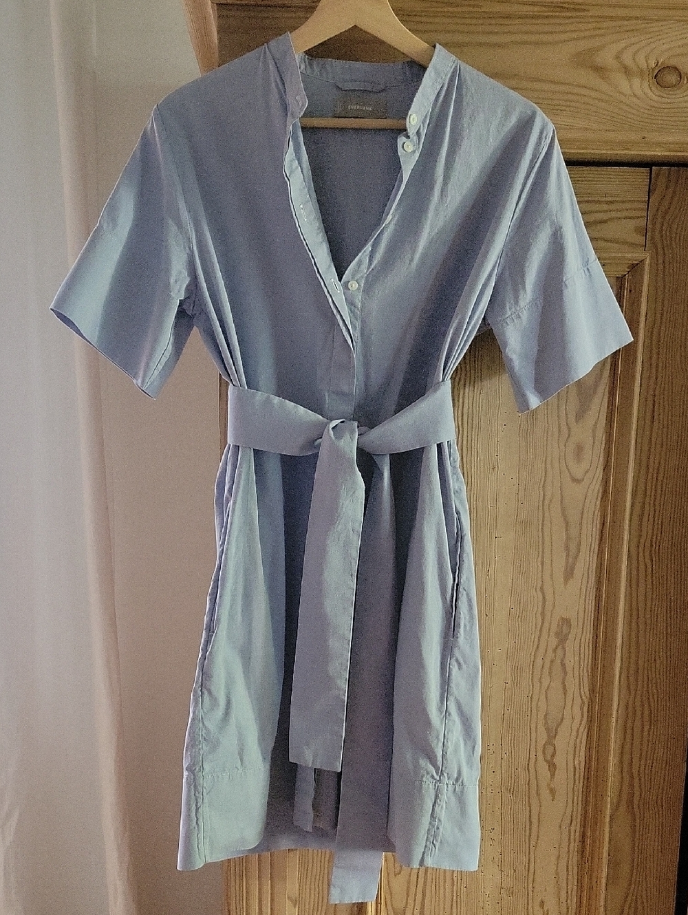 Light Blue Button-Front Belted Shirt Dress